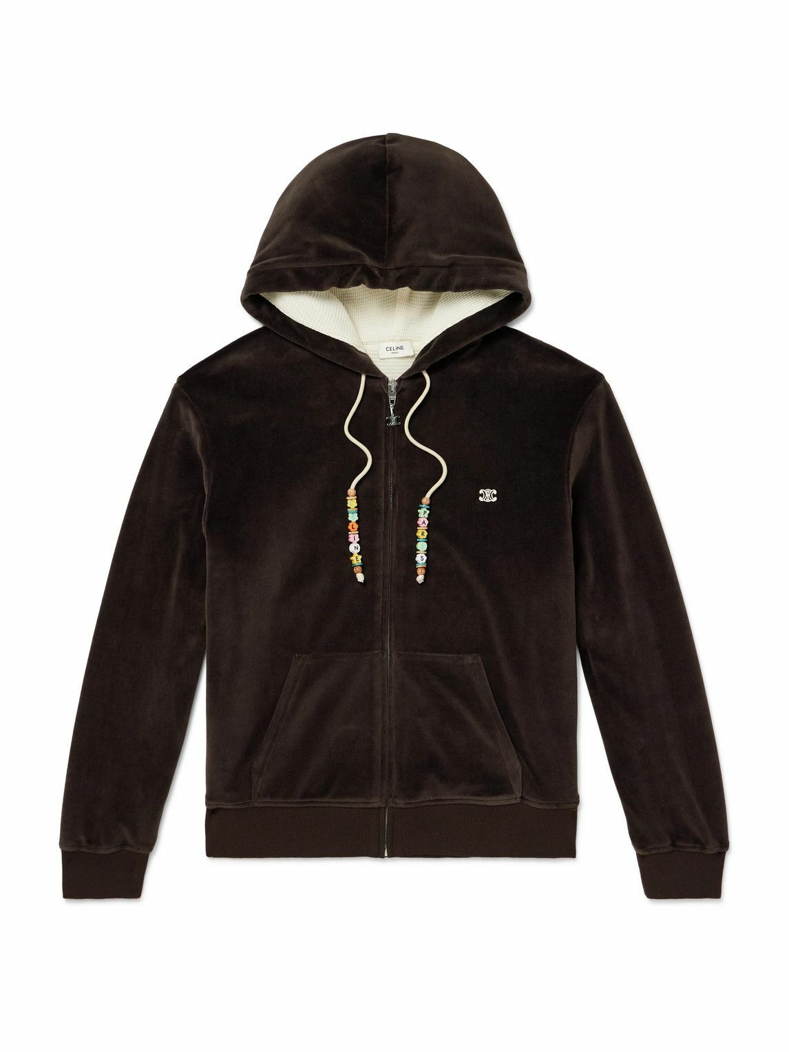 CELINE - Embellished Logo-Embroidered Cotton-Blend Velour Zip-Up Hoodie - Brown