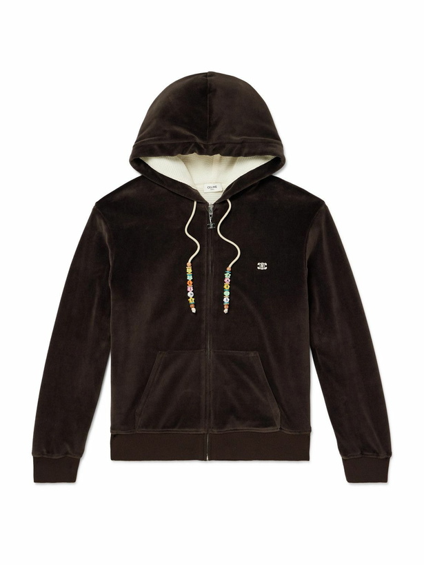 Photo: CELINE - Embellished Logo-Embroidered Cotton-Blend Velour Zip-Up Hoodie - Brown