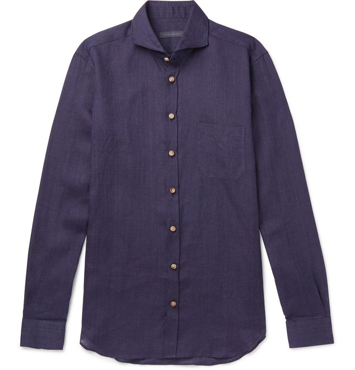 Photo: Thom Sweeney - Slim-Fit Cutaway-Collar Linen-Chambray Shirt - Men - Navy