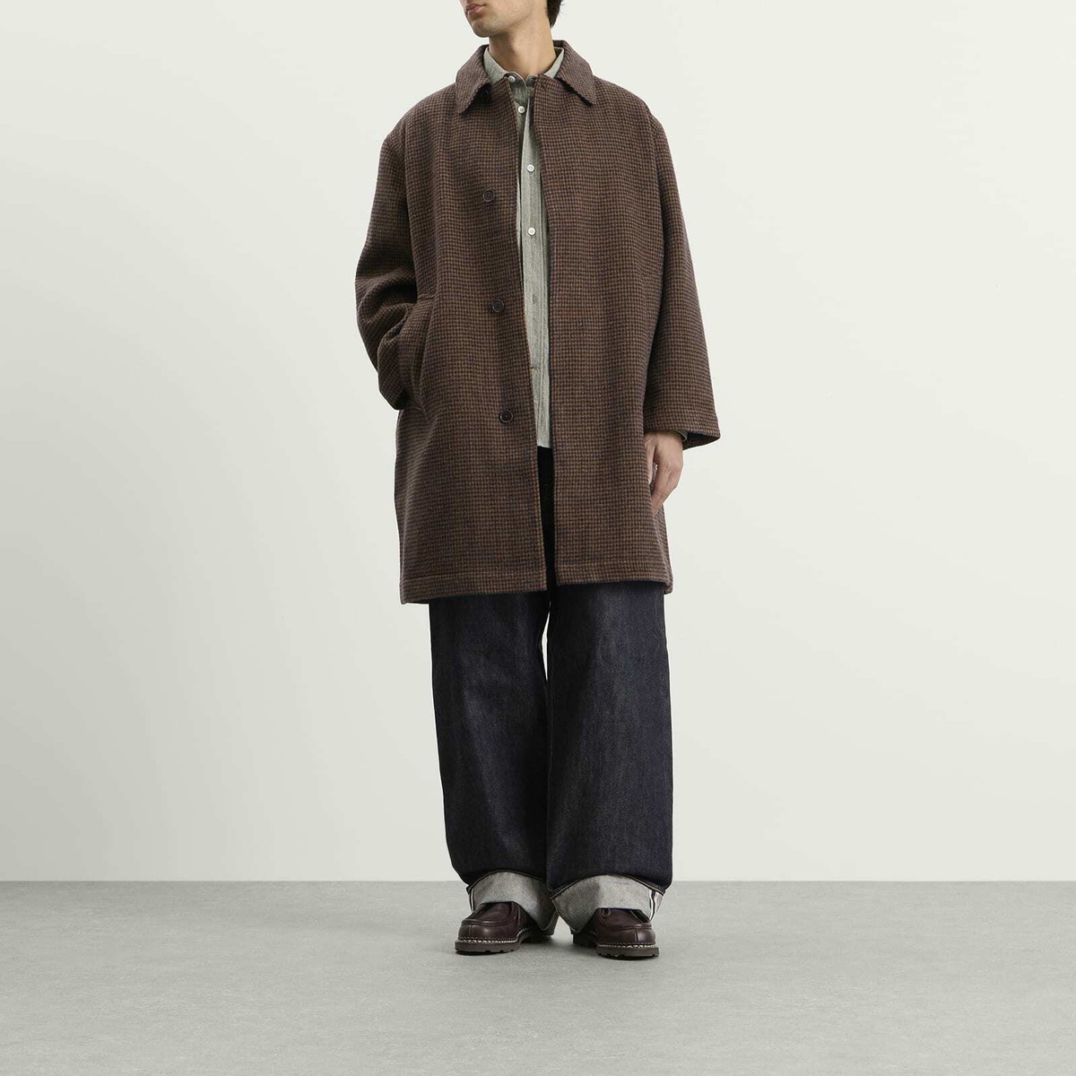 Universal Works Men's Wool Tweed Mix Stan Coat in Navy/Brown