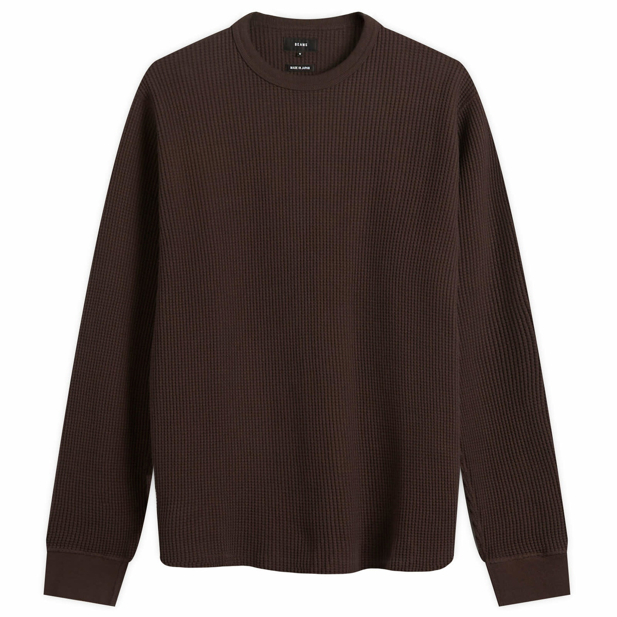 BEAMS Men's Waffle Crew Neck Sweatshirt in Dark Brown