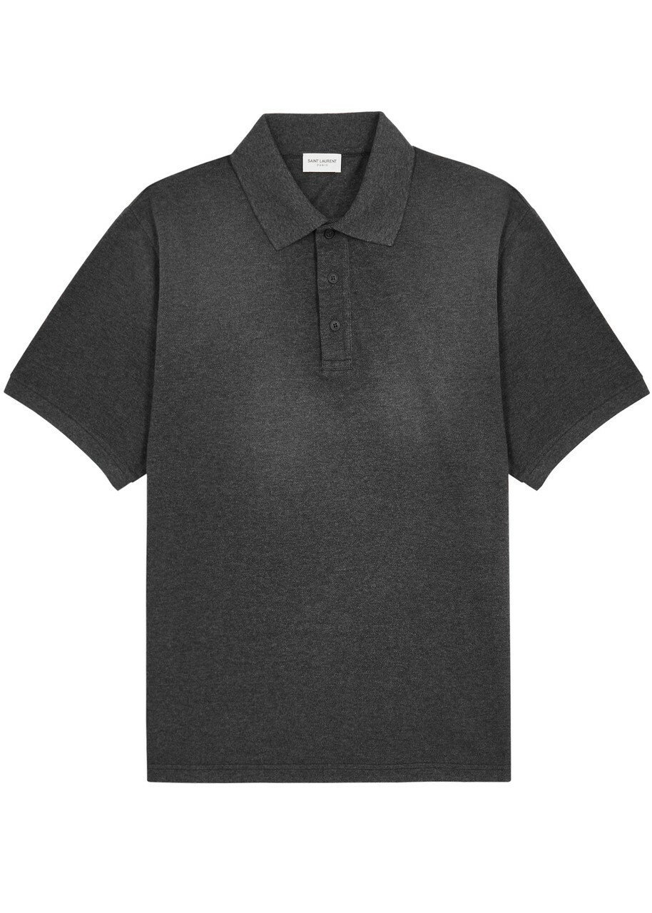 SAINT LAURENT Logo Embroidered Cotton Blend Pique Polo Shirt Blue Saint Laurent