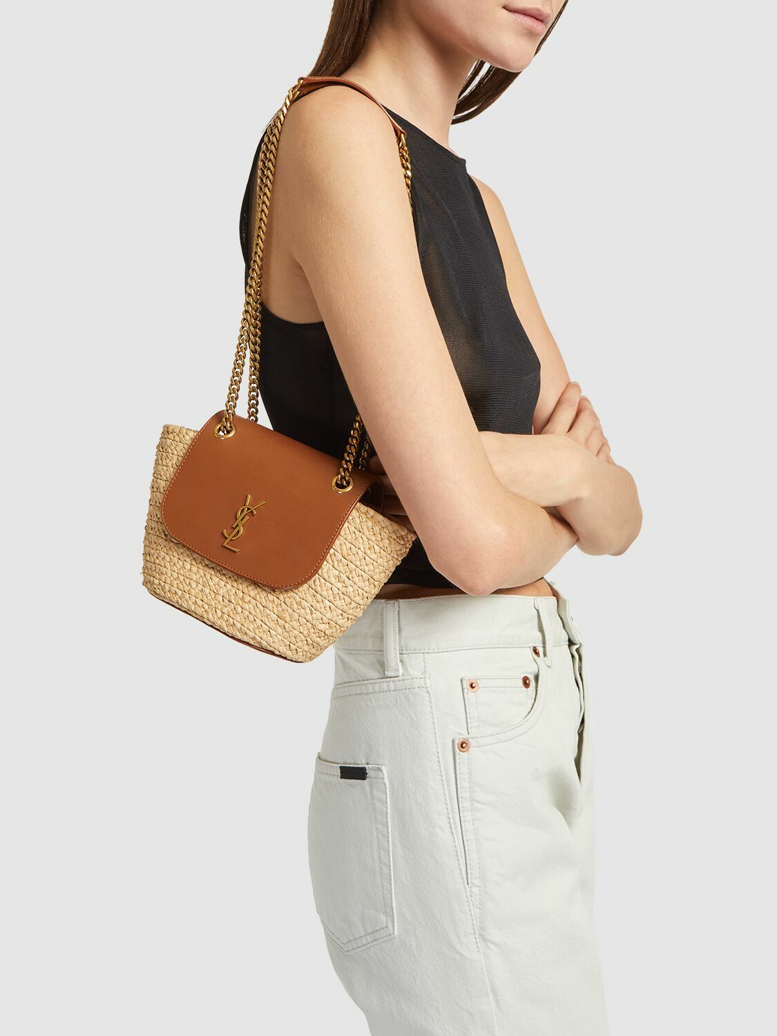 SAINT LAURENT Mini Manon Raffia Shoulder Bag Saint Laurent