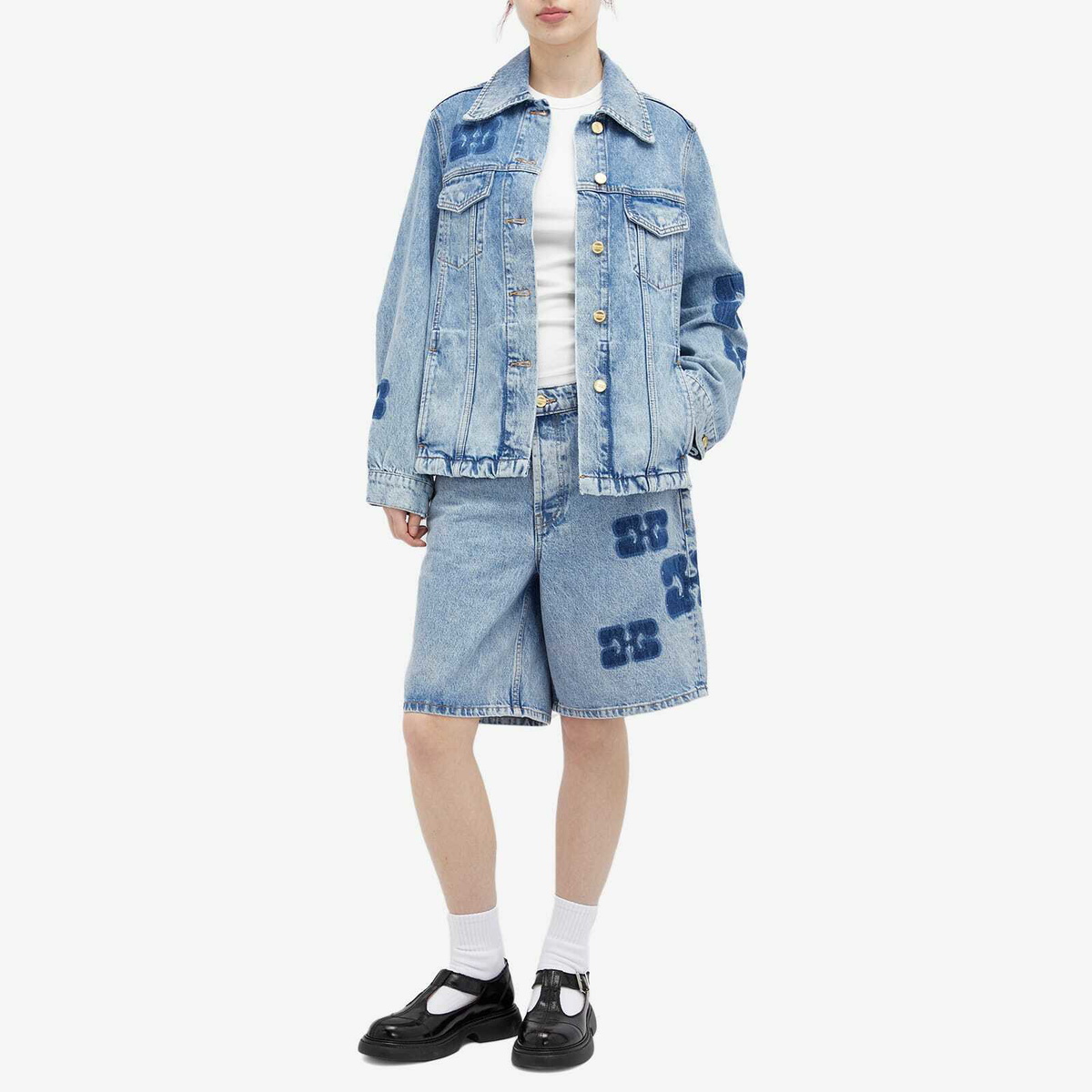 GANNI Women's Patch Denim Shorts in Mid Blue Stone