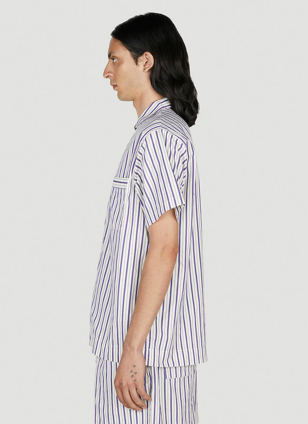 Tekla - Lido Stripe Short Sleeve Pyjama Shirt in Purple Tekla Fabrics