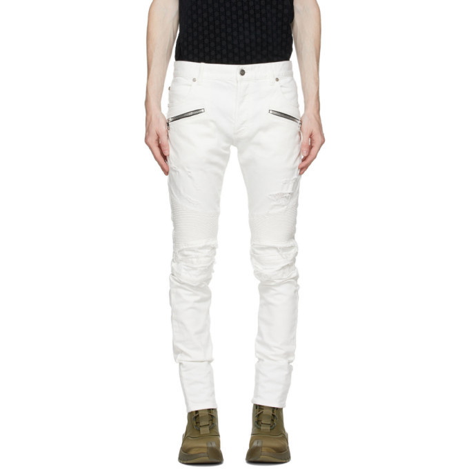 Photo: Balmain White Jacquard Zip Slim Jeans
