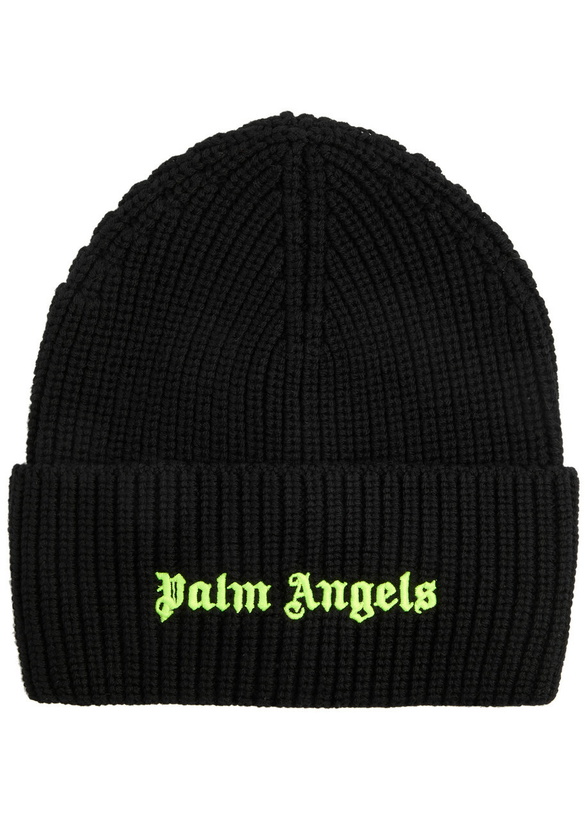 Photo: Palm Angels Logo Embroidered Wool Beanie - Black - One Size