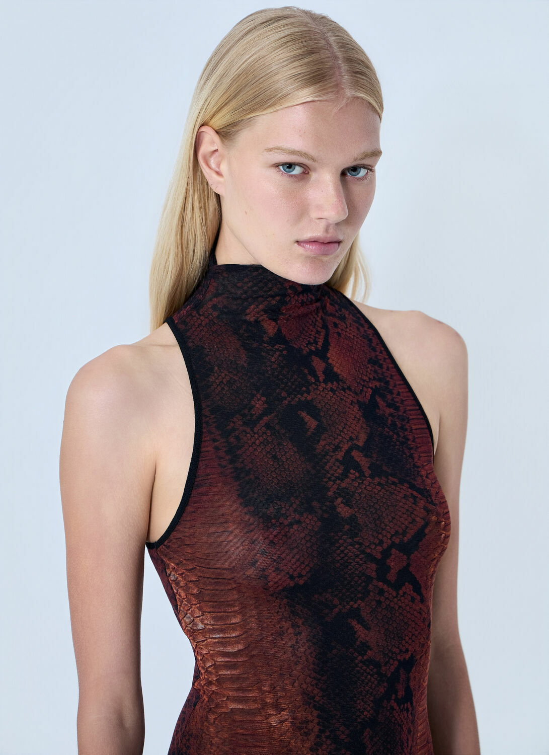 Jean Paul Gaultier Mesh High Neck Python Printed Long Dress
