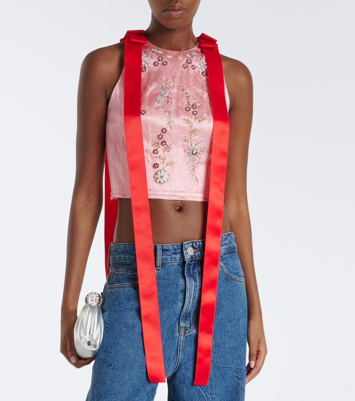 Erdem Bow-detail embellished satin crop top