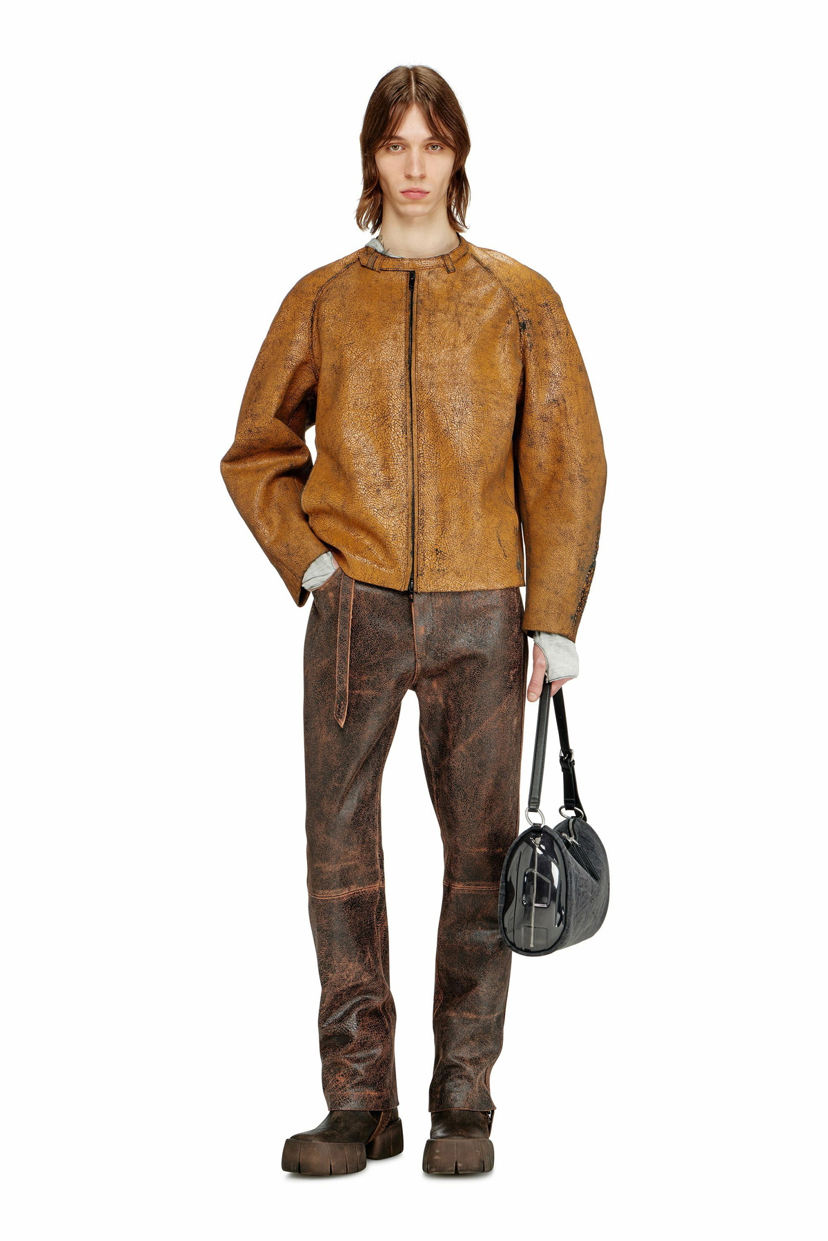 Diesel Cocoon-sleeve biker jacket in cracked leather - Leather jackets Mens in Brown