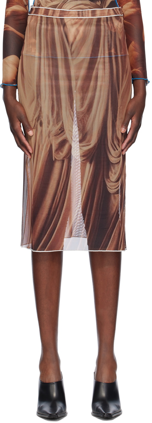 Rokh Brown Draped Printed Midi Skirt