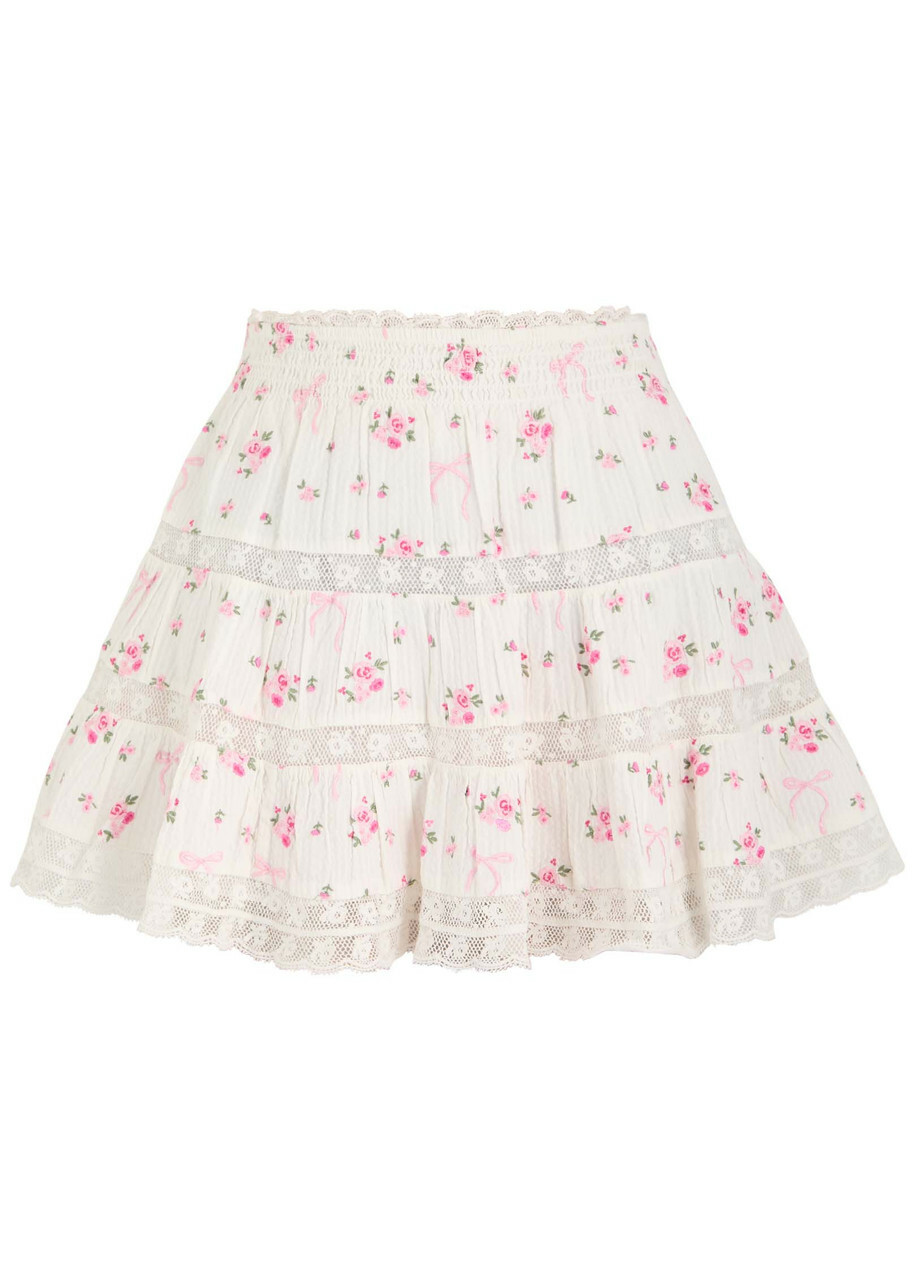 Loveshackfancy Viro Ribbed Floral and Bow-embroidered Cotton Mini Skirt Pink And White
