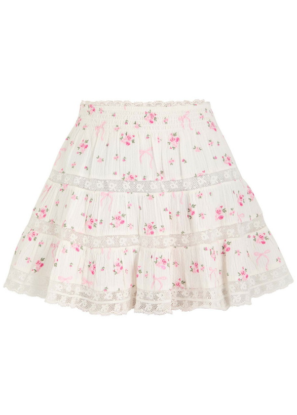 Photo: Loveshackfancy Viro Ribbed Floral and Bow-embroidered Cotton Mini Skirt Pink And White