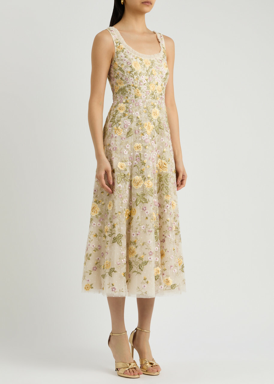 Needle & Thread Florine Floral-embroidered Tulle Midi Dress Cream