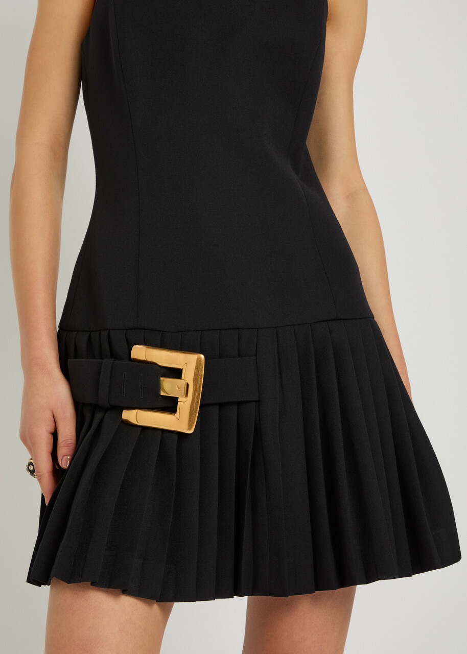 Balmain Belted Pleated Wool Mini Dress Black