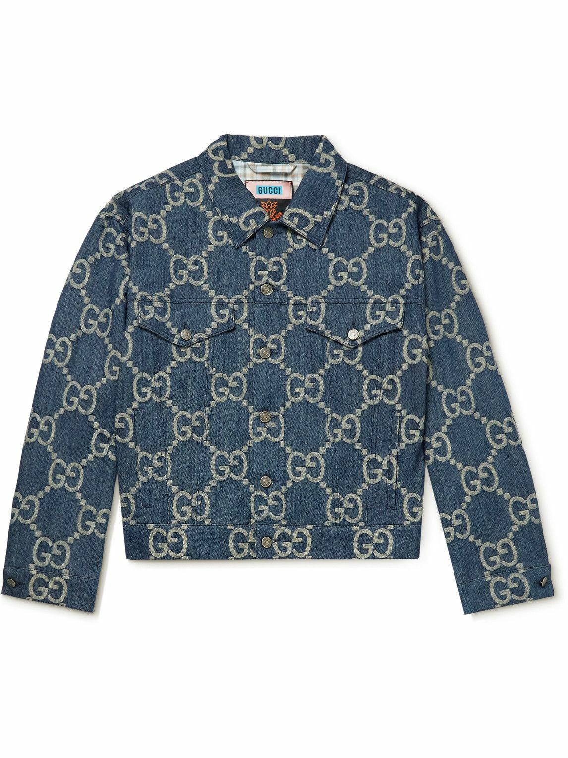 GUCCI - Slim-Fit Logo-Jacquard Denim Jacket - Blue Gucci