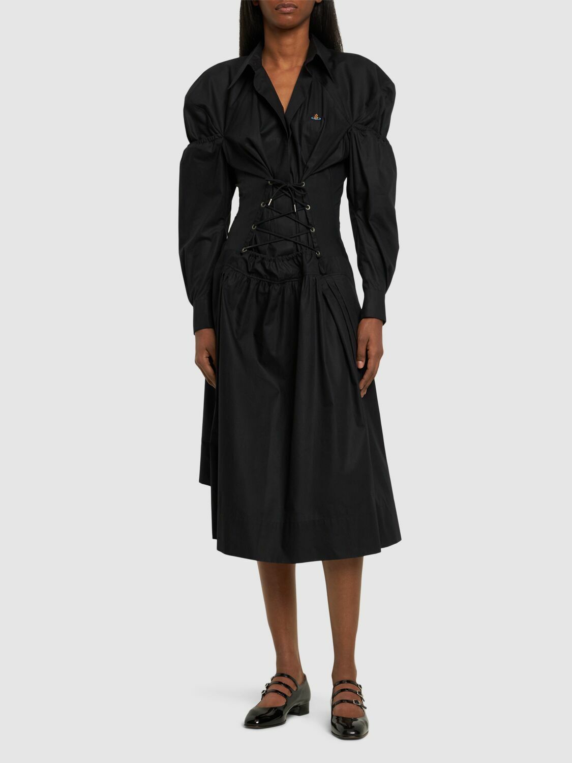 chinese dress ladies Lace Detail Button-Front Midi Shirt Dress Black / M