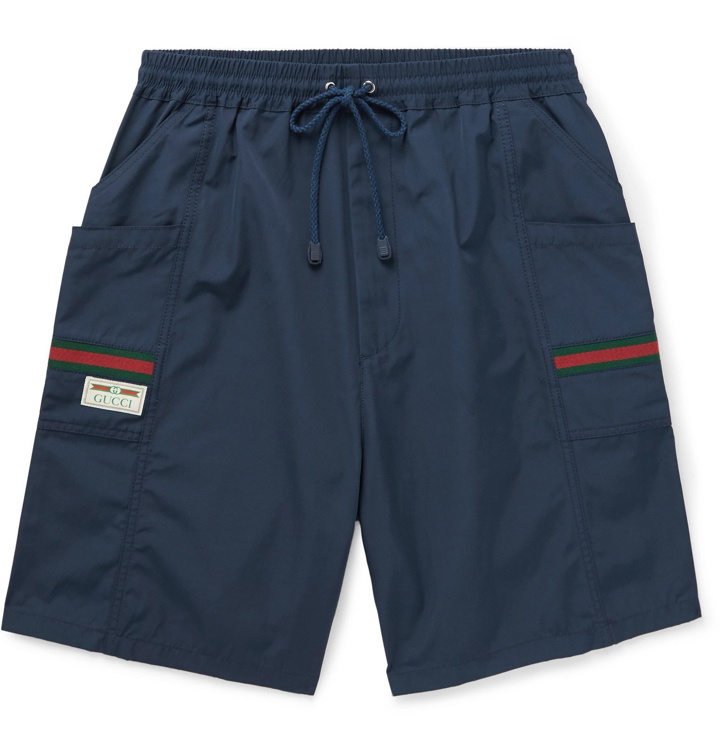 Photo: Gucci - Striped Webbing-Trimmed Shell Drawstring Shorts - Blue