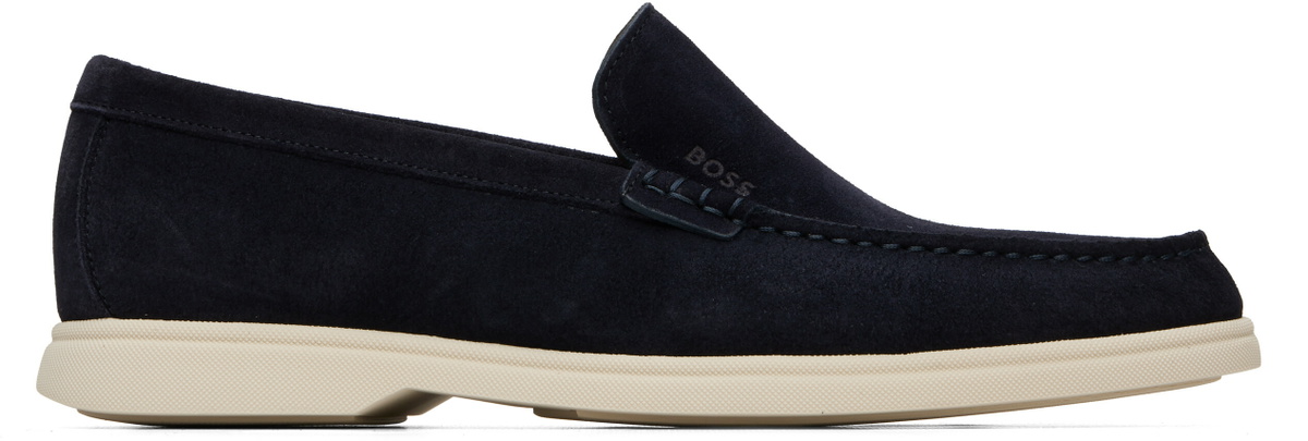 BOSS Navy Debossed-Logo Suede Loafers