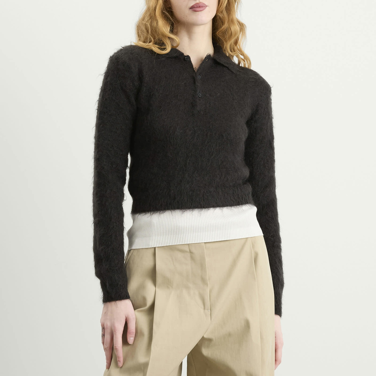 Auralee Women's Mohair Knit Polo in Ink Black