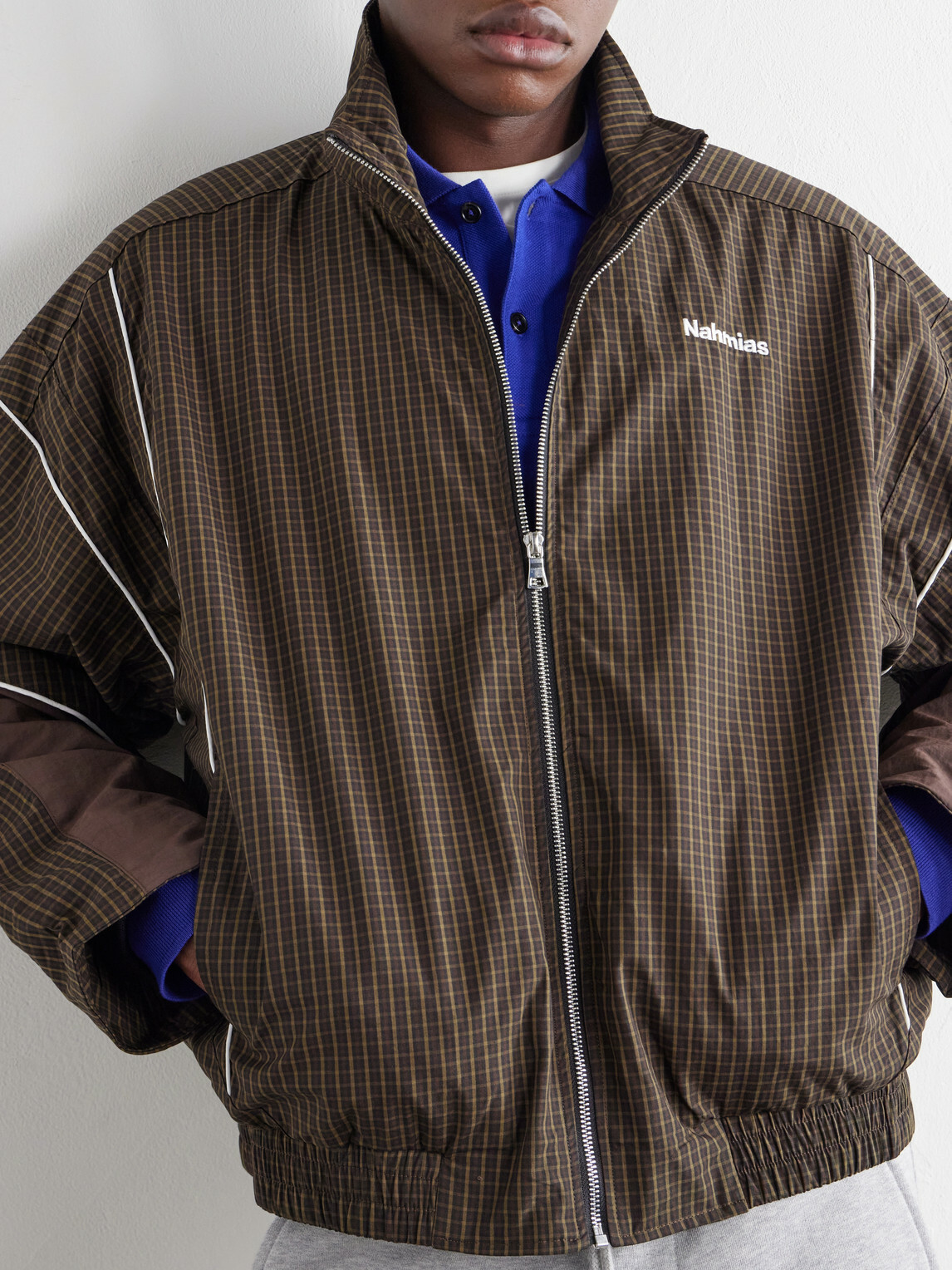 NAHMIAS - Grid Checked Logo-Embroidered Cotton Blouson Jacket - Brown