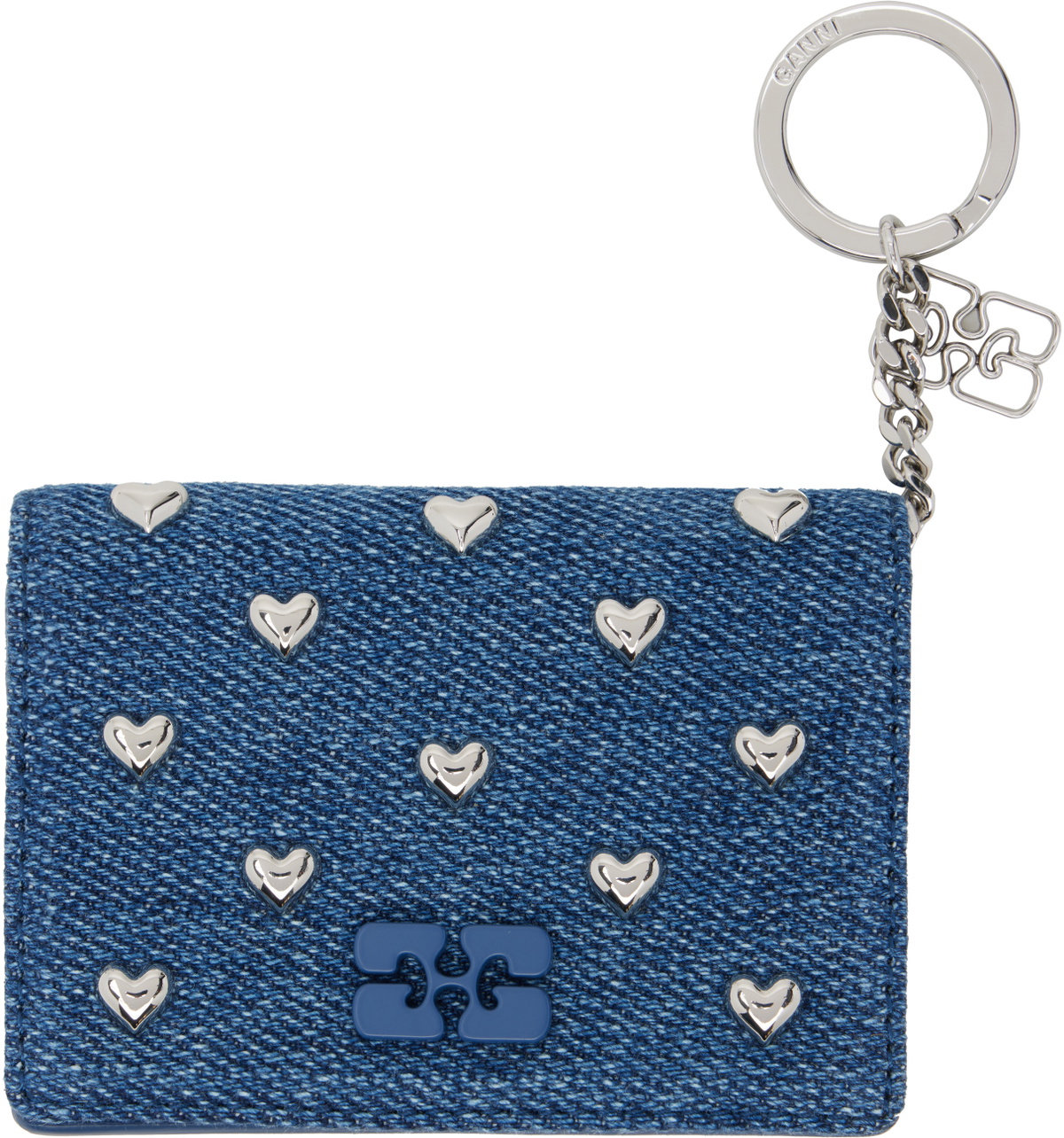 GANNI Navy Flap Heart Studs Bou Card Holder