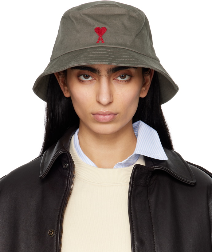 Photo: AMI Paris Gray Cotton Ami de Coeur Embroidery Bucket Hat