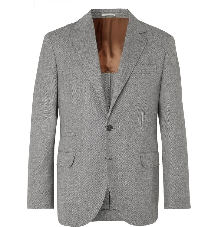 Photo: Brunello Cucinelli - Grey Herringbone Virgin Wool and Cashmere-Blend Suit Jacket - Gray