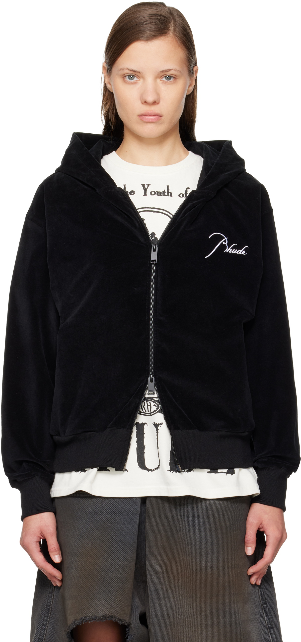 Rhude Black Velour Classique Zip-Up Hoodie
