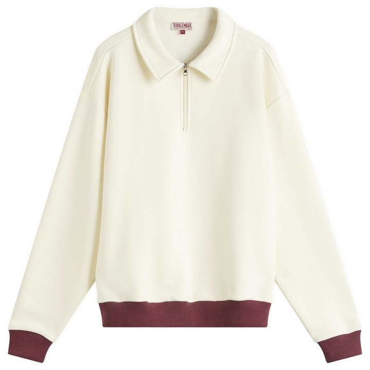 Photo: Dubbleware Men's Contrast Quarter Zip Sweatshirt in Ecru/Burgundy