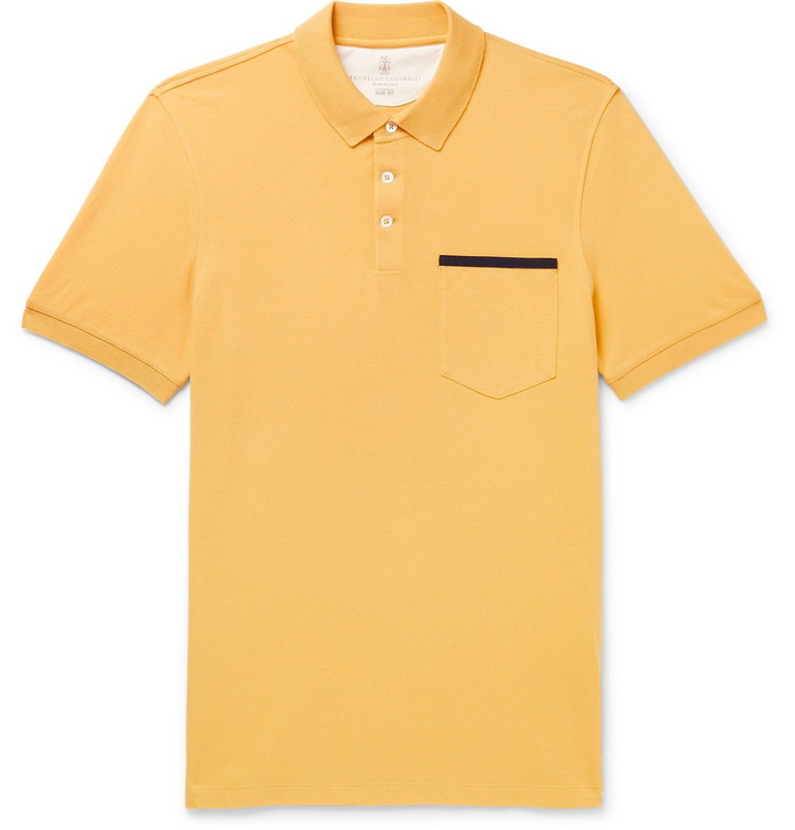 Photo: Brunello Cucinelli - Slim-Fit Grosgrain-Trimmed Cotton-Piqué Polo Shirt - Yellow