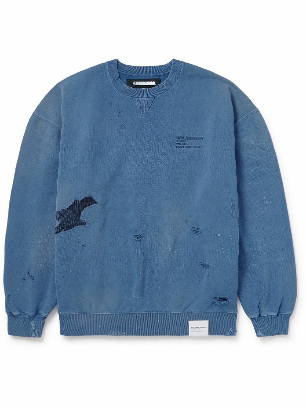 Photo: Neighborhood - Savage Logo-Embroidered Appliquéd Distressed Cotton-Jersey Sweatshirt - Blue