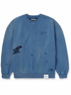 Neighborhood - Savage Logo-Embroidered Appliquéd Distressed Cotton-Jersey Sweatshirt - Blue