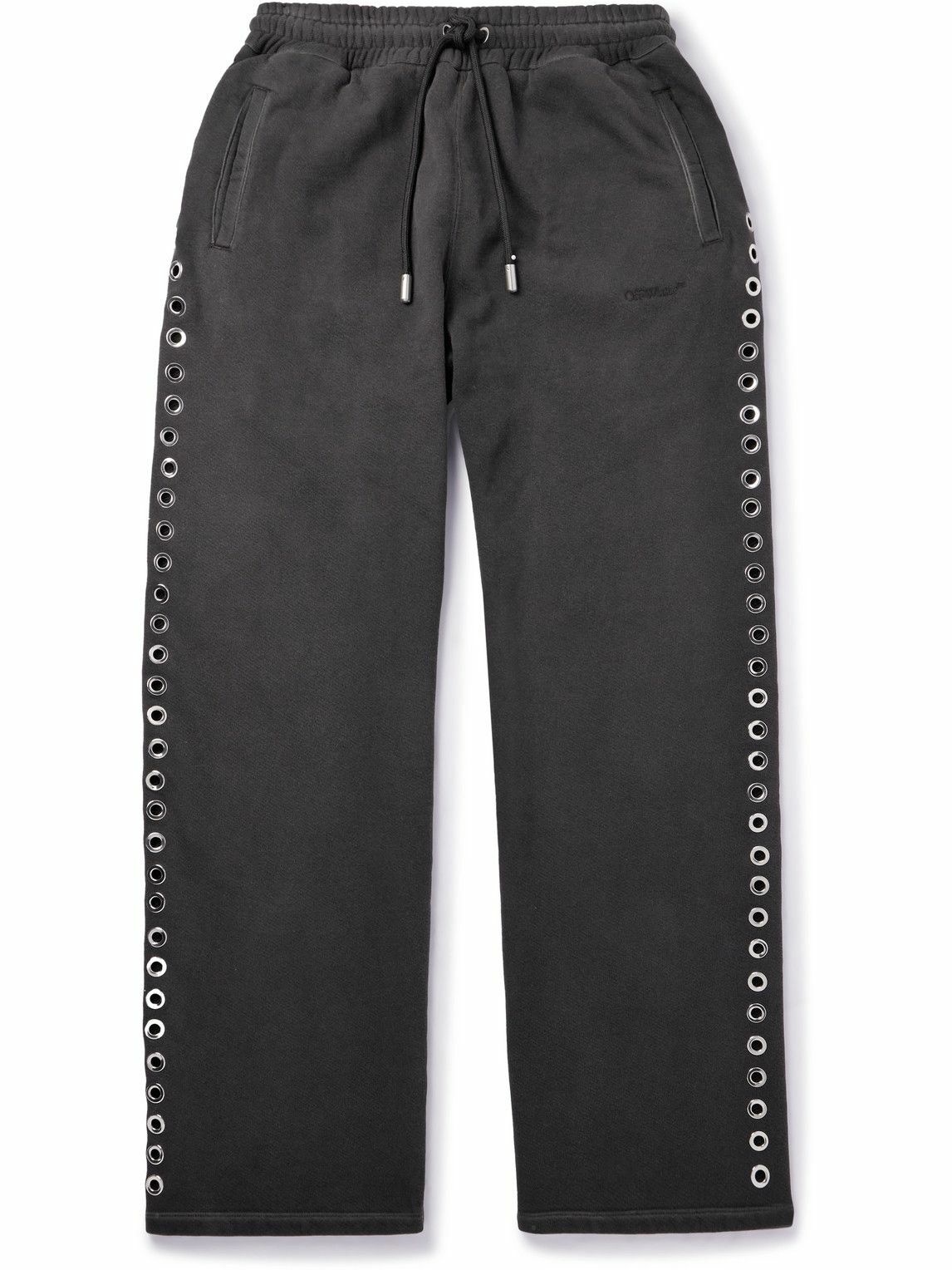 Photo: Off-White - Straight-Leg Embroidered Embellished Cotton-Jersey Sweatpants - Black