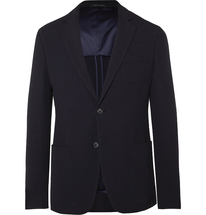 Photo: Giorgio Armani - Navy Slim-Fit Virgin Wool-Blend Seersucker Suit Jacket - Blue