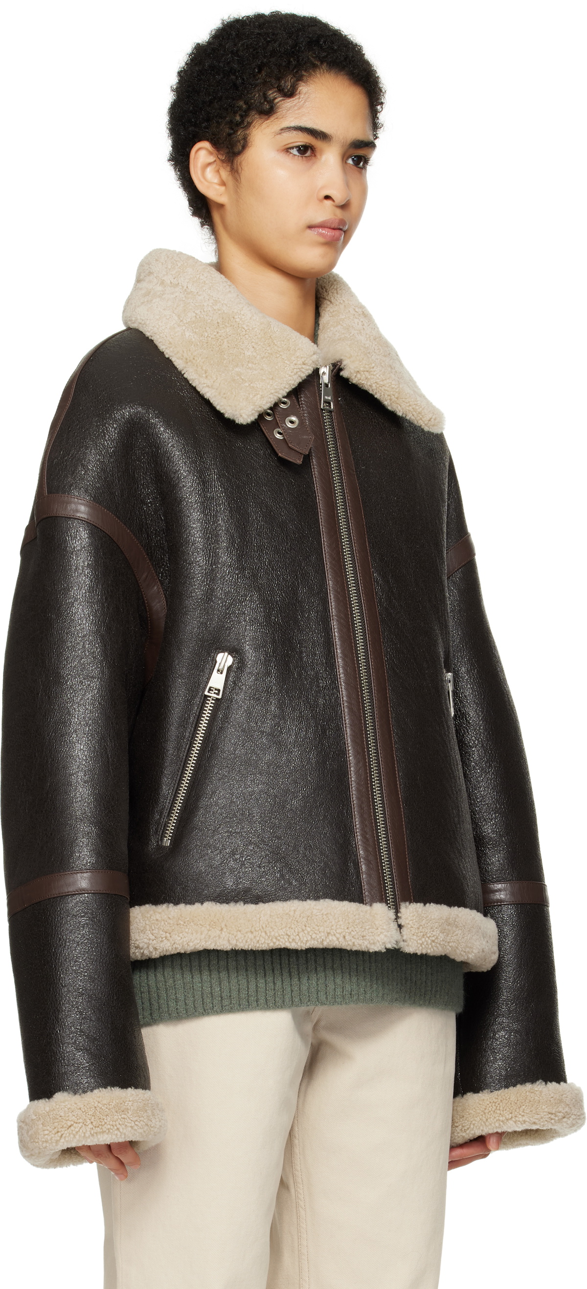 AMI Paris Brown Zipped Shearling Jacket AMI