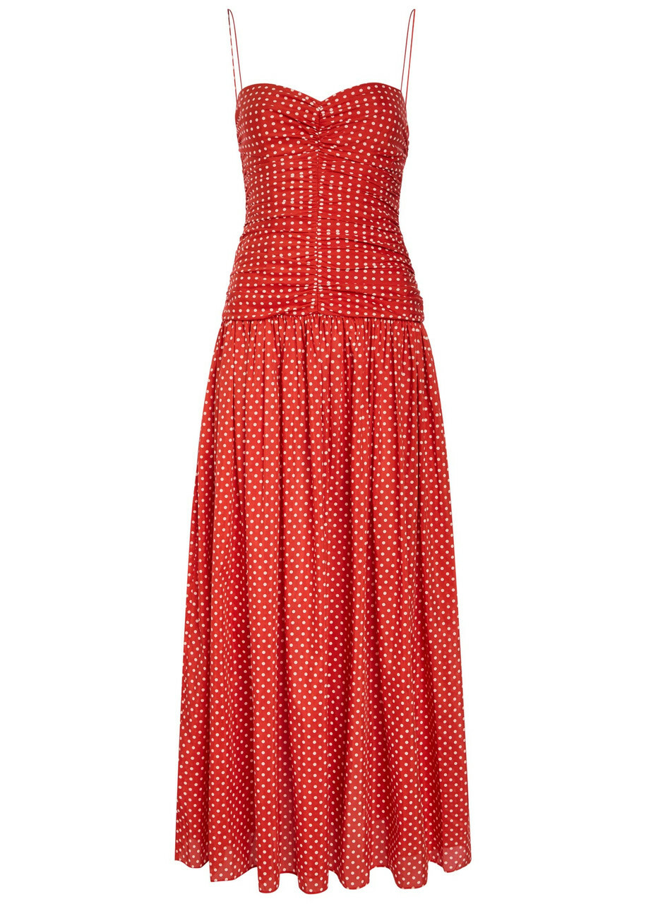 Matteau Polka dot Gathered Cotton-blend Midi Dress Red