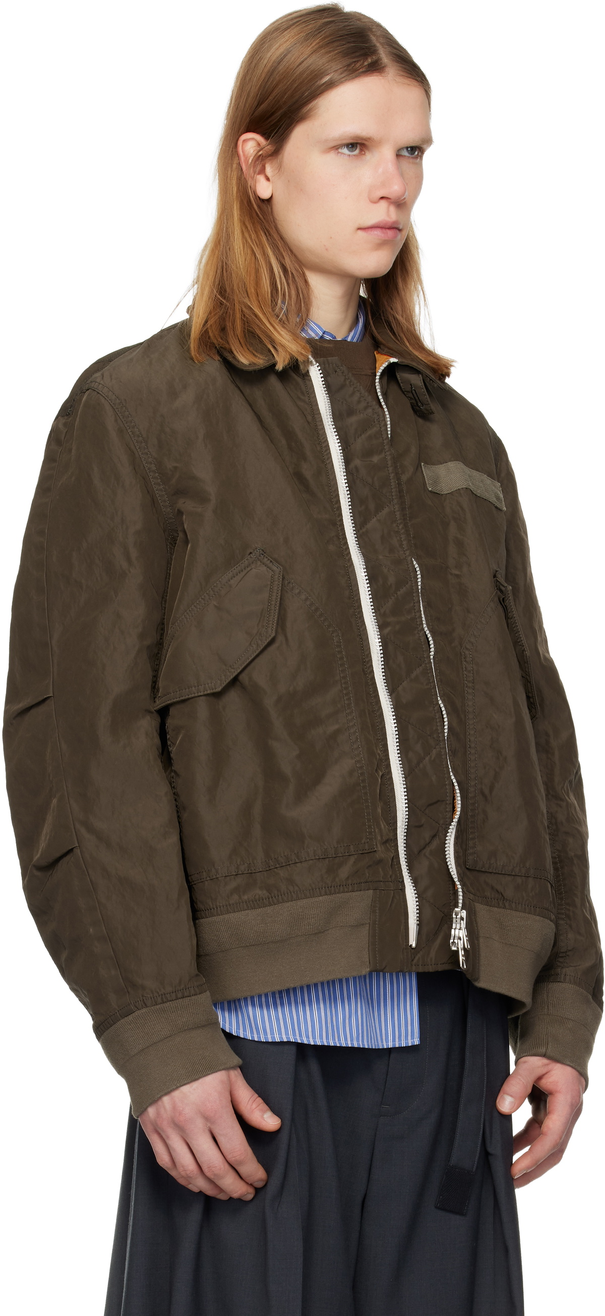 sacai Khaki Treated Nylon Twill Bomber Jacket