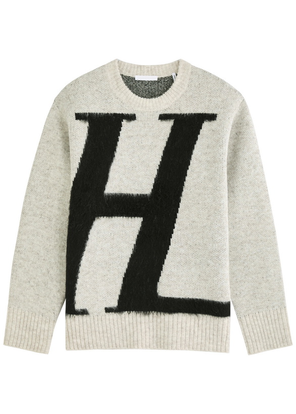 Photo: Helmut Lang Logo-intarsia Knitted Jumper Light Grey
