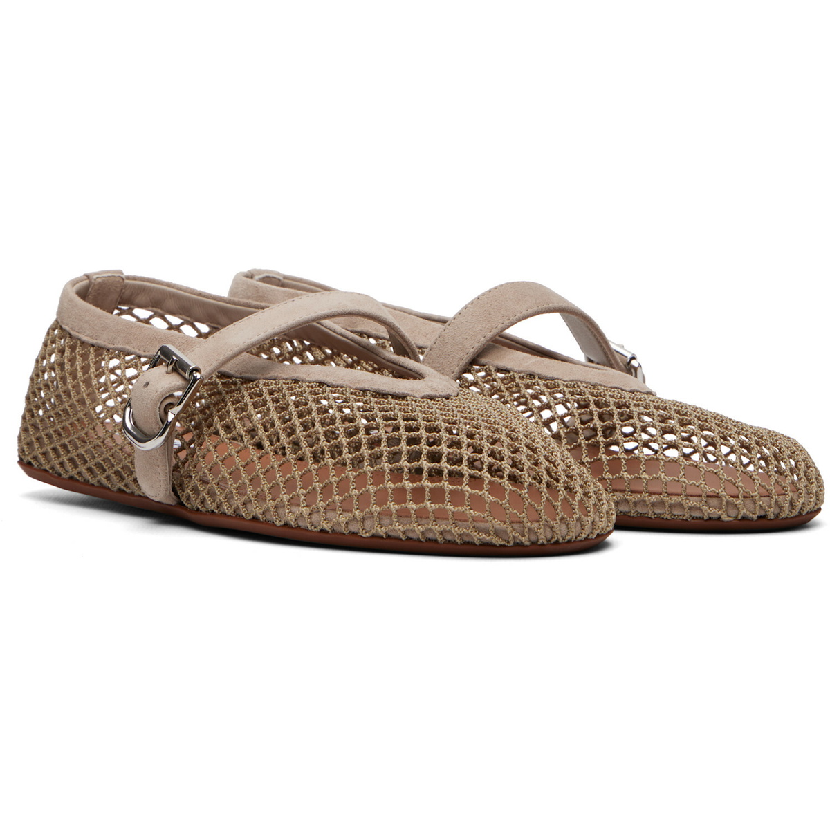 ALAÏA Gray Fishnet Suede Ballerina Flats