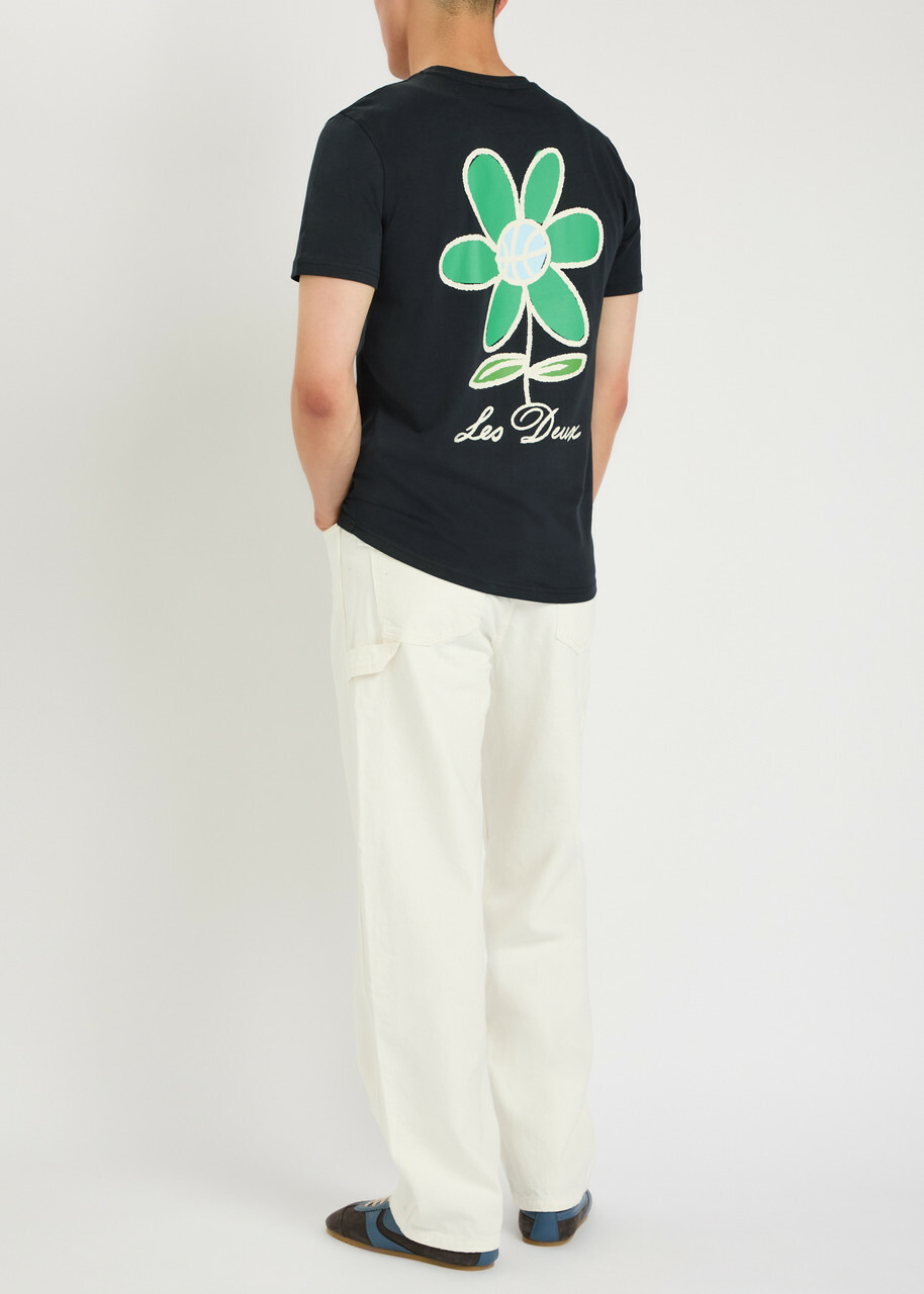 Les Deux Flower Printed Cotton T-shirt Navy