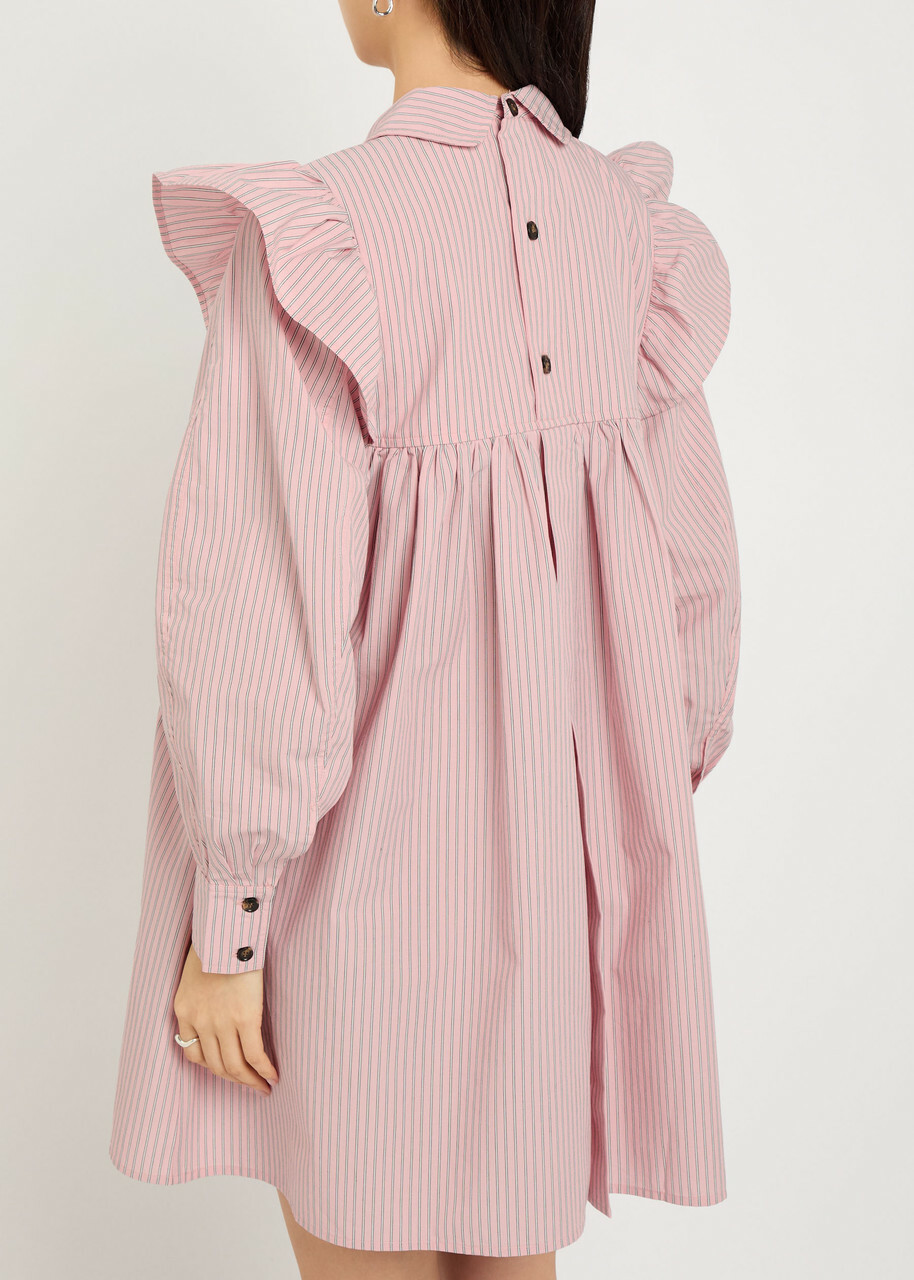 Ganni Striped Cotton-poplin Mini Shirt Dress Light Pink