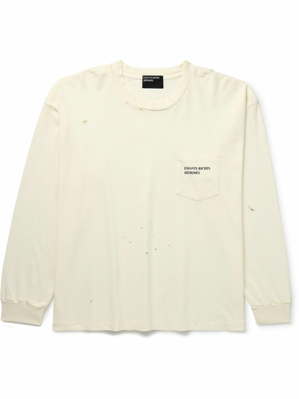 Photo: Enfants Riches Déprimés - Thrashed Distressed Logo-Print Cotton-Jersey T-Shirt - White