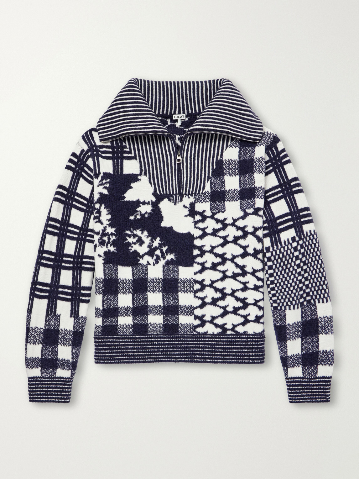 LOEWE - Checked Wool-Blend Half-Zip Sweater - Blue