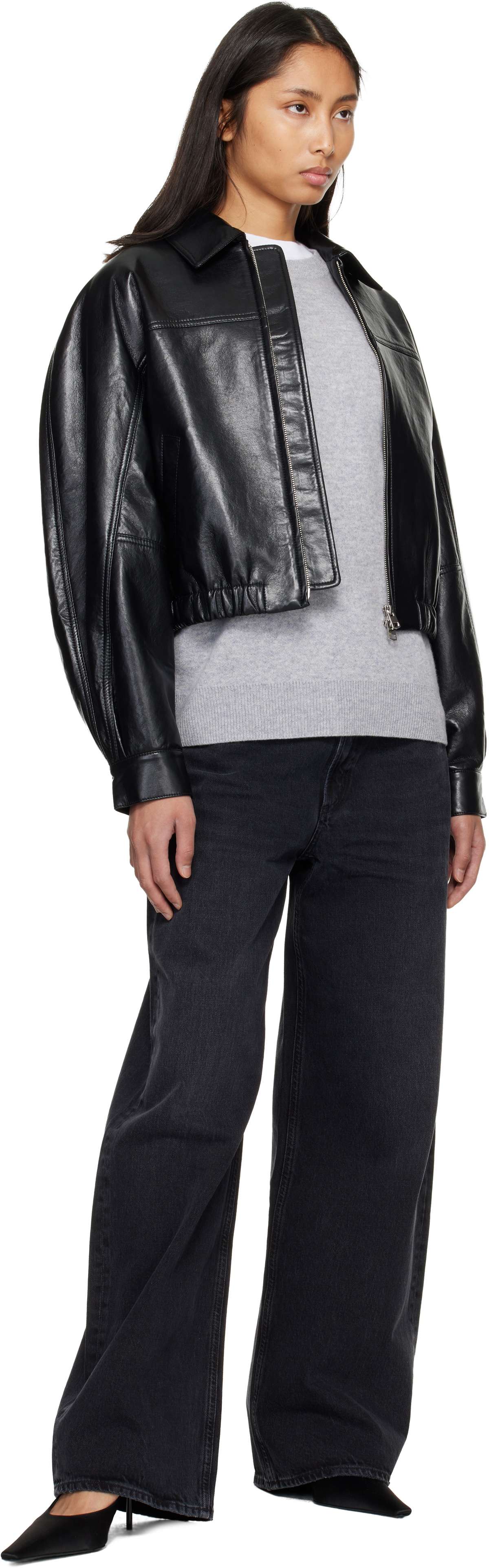 AGOLDE Black Dixon Recycled Leather Bomber Jacket