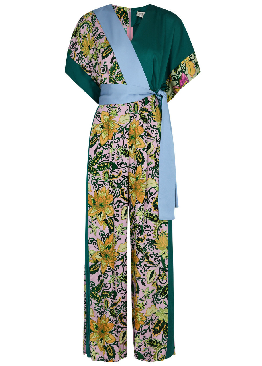 Diane Von Furstenberg Rinna Patchwork Satin Jumpsuit Green