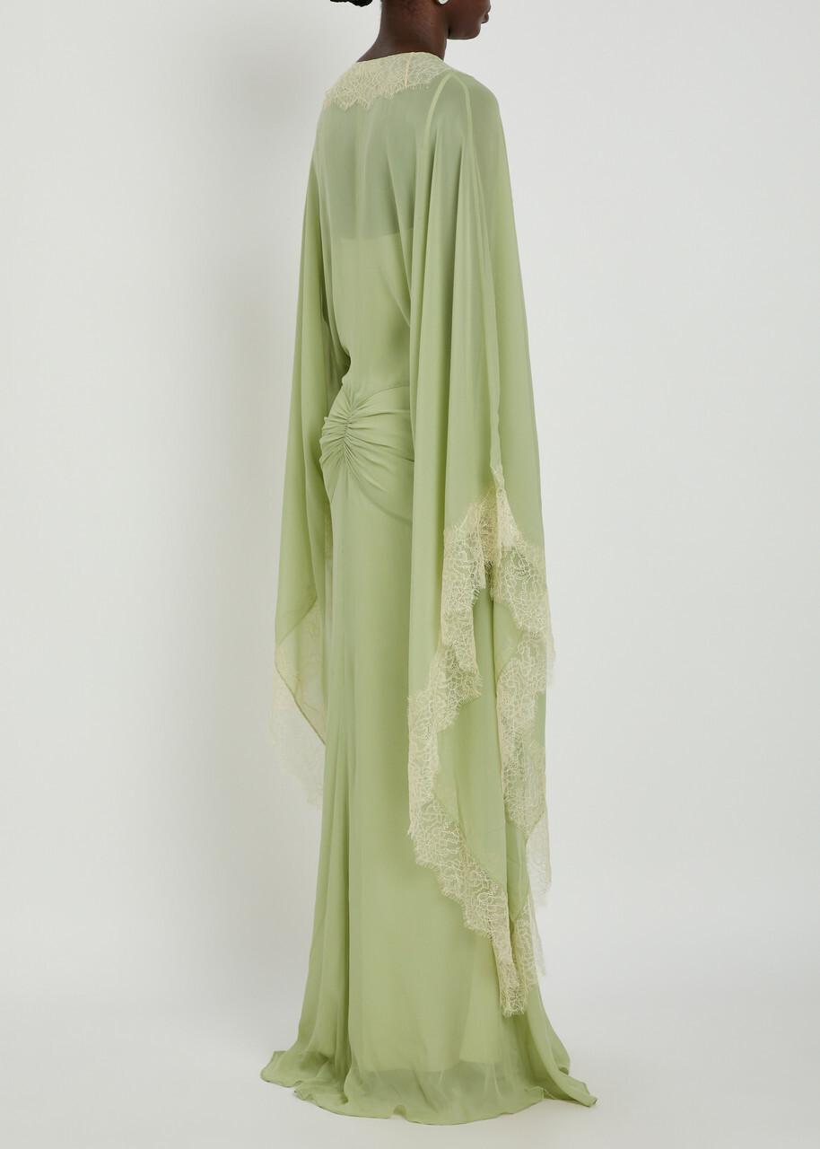 DE LA Vali Evita Lace-trimmed Draped Georgette Maxi Dress Light Green