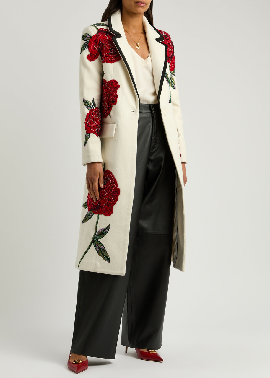 Alice + Olivia Ivan Embellished Floral Appliquéd Felt Coat White