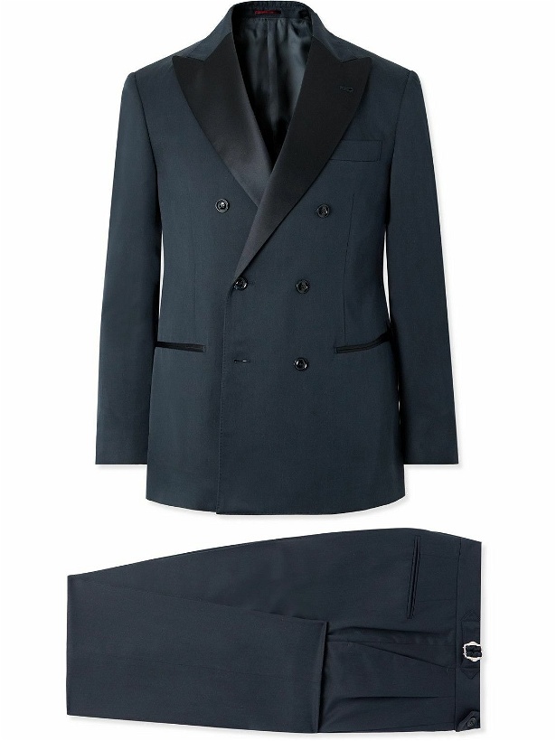 Photo: Brunello Cucinelli - Slim-Fit Double-Breasted Silk Satin-Trimmed Cotton and Silk-Blend Twill Tuxedo - Blue