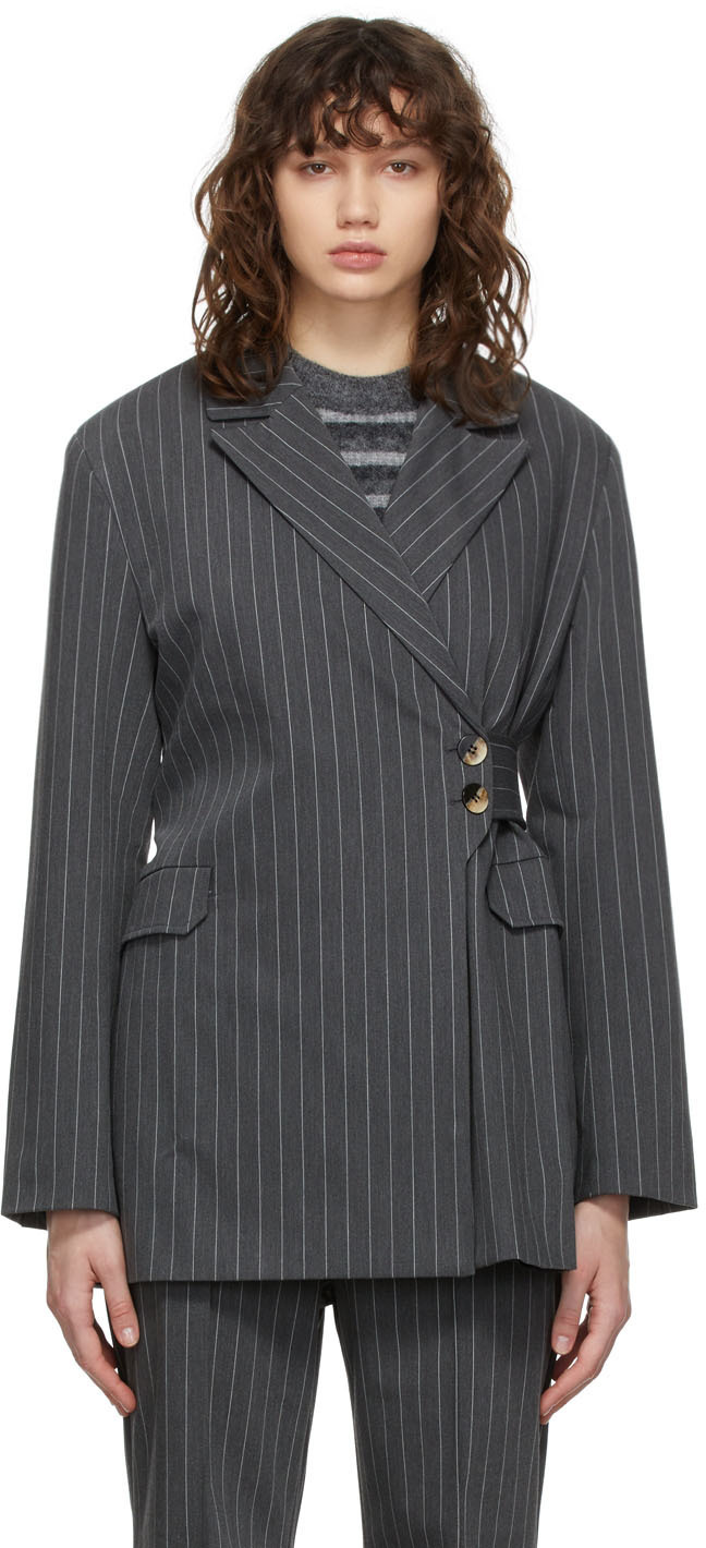 【新品】GANNI Stretch Stripe Blazer：ジャケット 36 Ganni Stretch Stripe Blazer - Gray Pinstripe | Garmentory